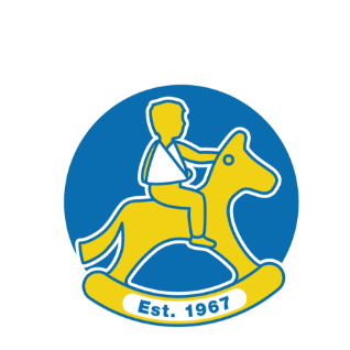 Rockinghorse logo | yellow and blue illustration of child on a horse