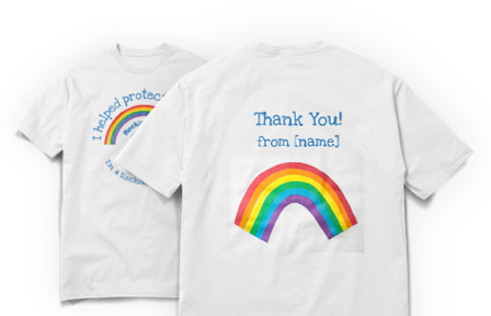 Custom t-shirt, white with a rainbow and a customised back with your child's rainbow drawing