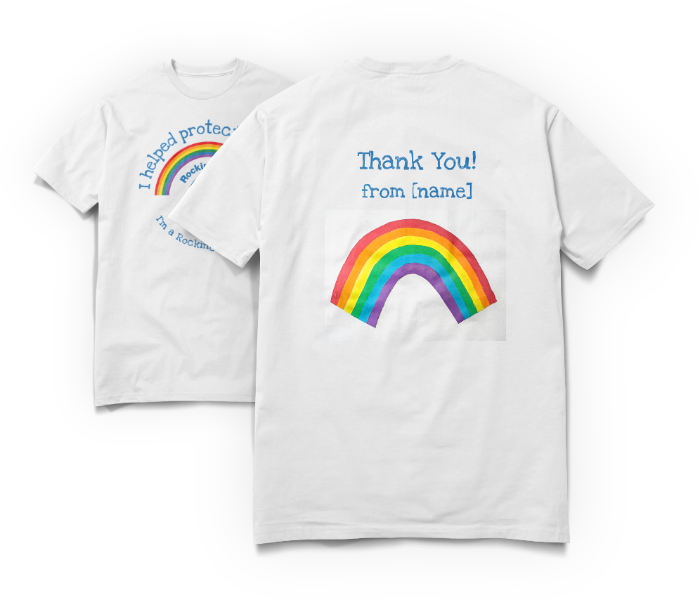 Custom t-shirt, white with a rainbow and a customised back with your child's rainbow drawing